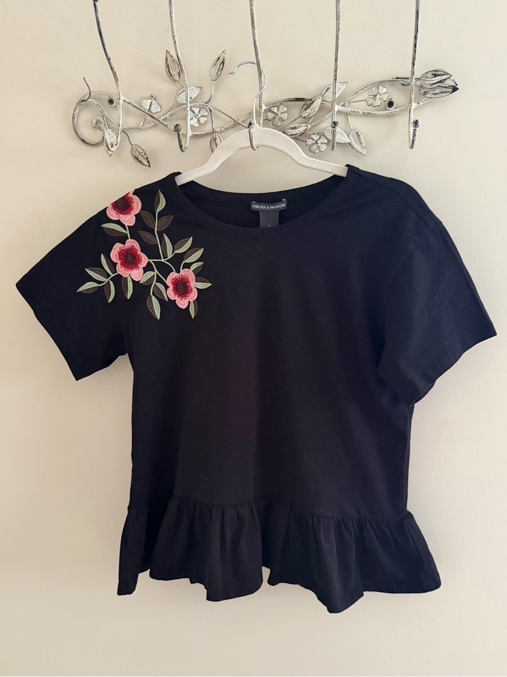 Chelsea & Theodore Black Tee with Pink Floral Embroidery